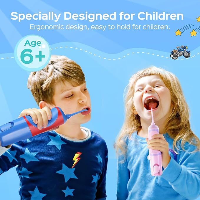 COSLUS Kids Water Dental Flosser Deep Cleaning Picks Portable 4 Modes for Ages 6+ Safe Waterproof Rechargeable with 2 Jet Tips for Gums Care Red Blue