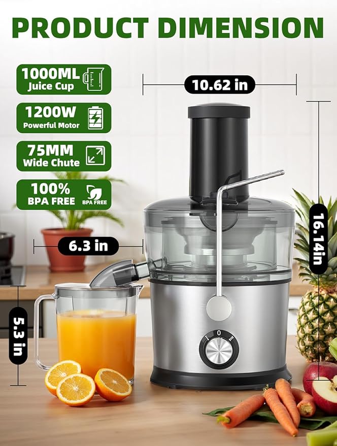 Juicer Machines, 1200W Juicer with 3" Feed Chute for Whole Fruits and Vegs, Dual Speeds Centrifugal Juice Extractor, Heavy Duty Full Copper Motor, 35oz Large Juice Jug, Stainless Steel
