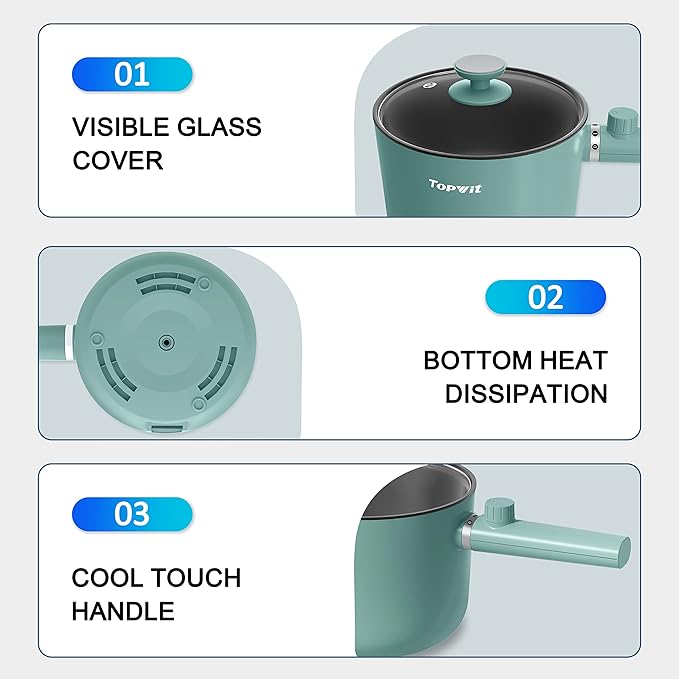 Topwit Hot Pot Electric, 1.5L Ramen Cooker, Portable Non-Stick Frying Pan, Hot Pot for Pasta, Steak, BPA Free, Electric Cooker with Dual Power Control, Over-Heating & Boil Dry Protection, Green