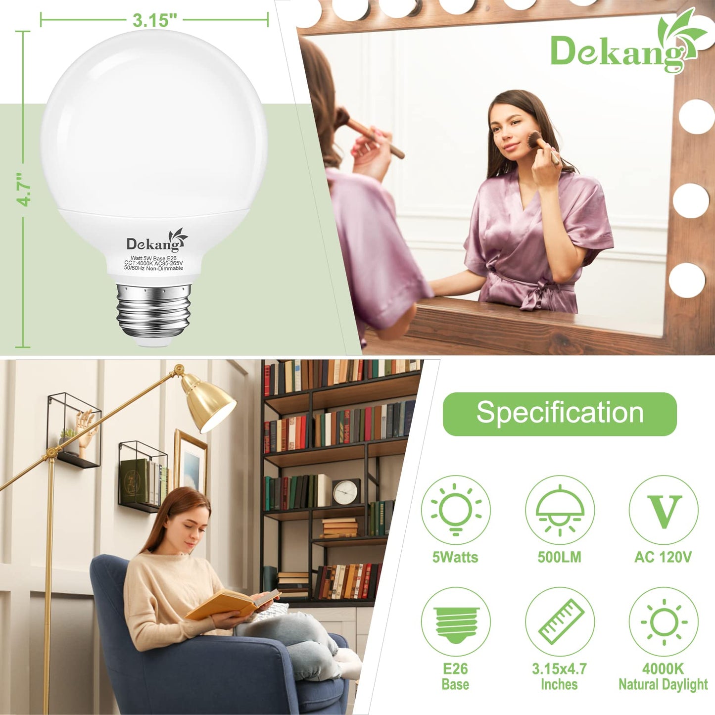 Dekang 8-Pack LED Vanity Light Bulbs for Bathroom 4000K Natural Daylight, E26 Base Globe 60W Incandescent Equivalent, 5W Round Light Bulbs for Vanity Mirror, 500LM, Non-dimmable