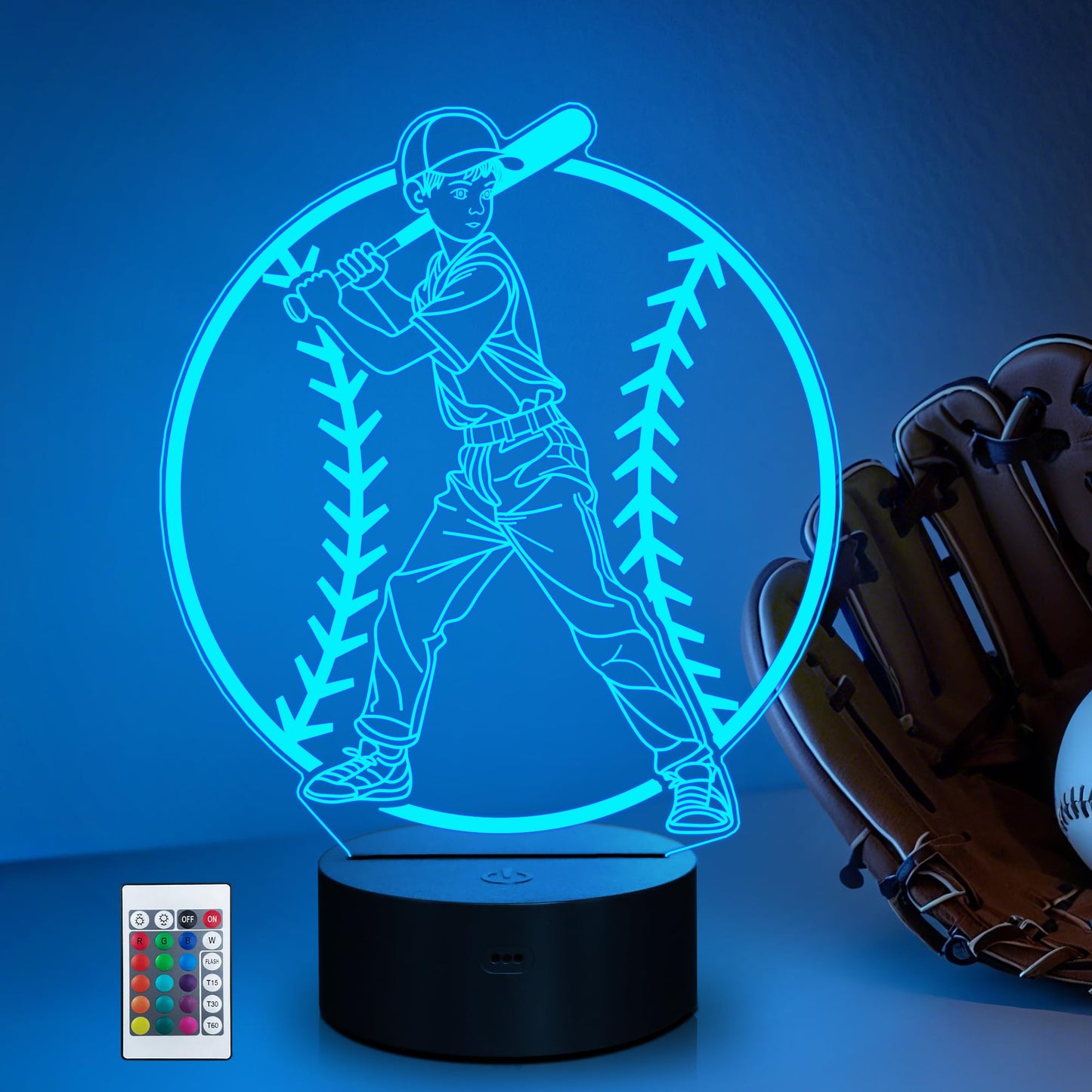 CoolGift Mart Baseball Boy Night Light, 3D Room Decor LED Optical Illusion Lamp with 16 Colors and Remote Control, Baesball Gift