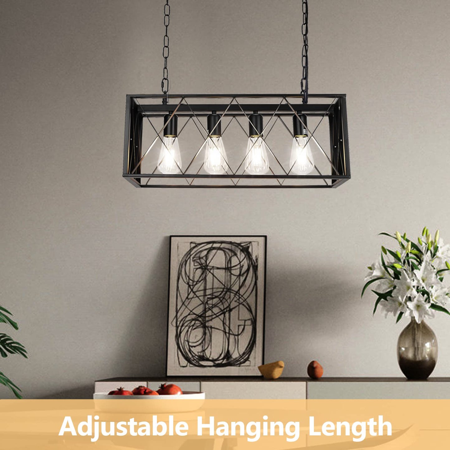 Pynsseu Industrial Kitchen Island Pendant Light, 4-Light, Rectangular, Metal, Black, Vintage Rustic