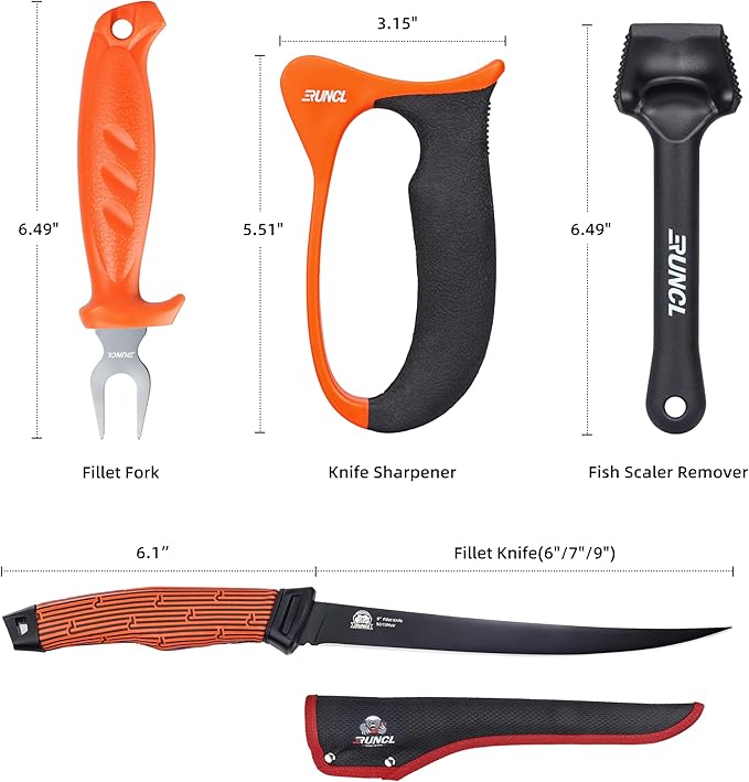 RUNCL Fishing Fillet Knife Combo Set, Fishing Tools Kit With 9" Fillet Knife, Fillet Fork, Knife Sharpener and Fish Scaler Remover, 4 Pieces fishing Kit Tool, Perfect for Fresh or Saltwater