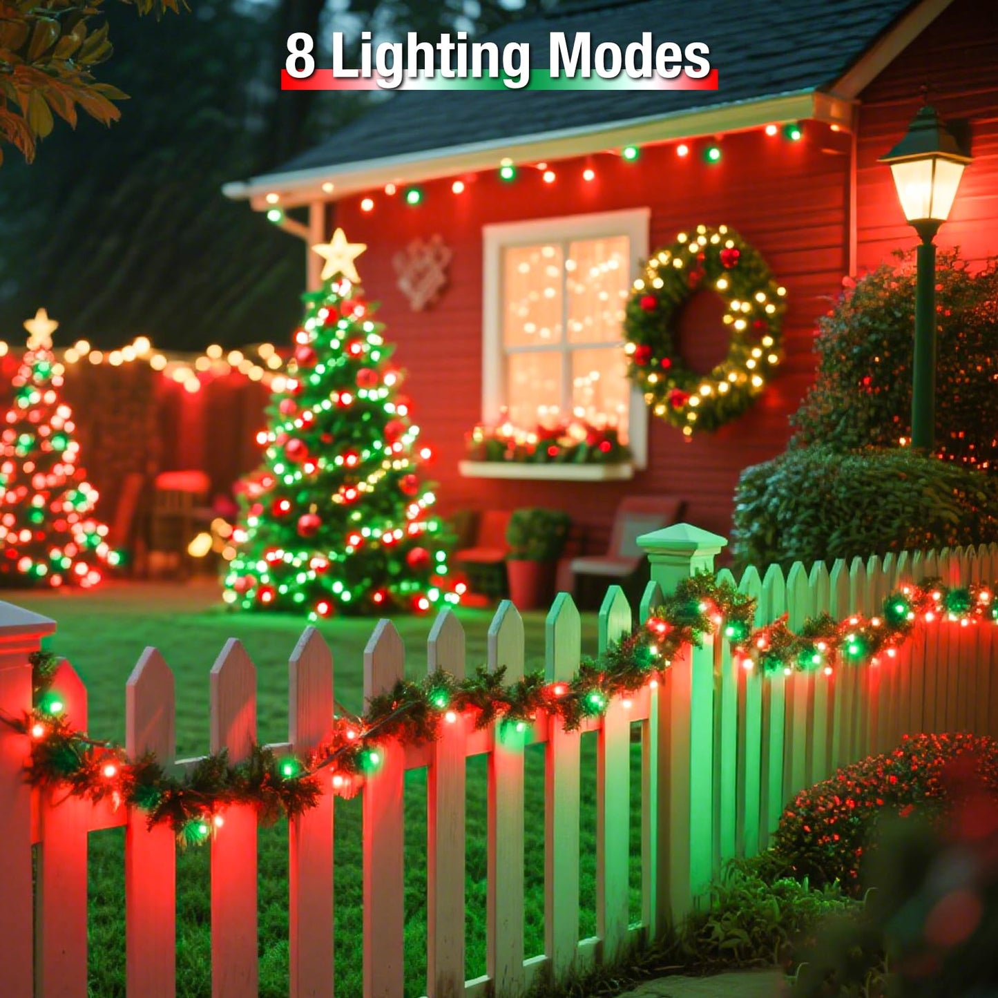 btfarm Solar String Lights 320LED 132FT Waterproof 8 Modes 4 Pack Red Green Copper Wire for Outdoor Garden Christmas Decor