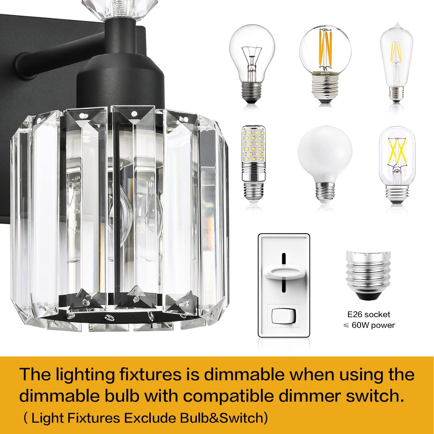 PRESDE Bathroom Vanity Lights Modern Crystal 1-Light Metal Fixture Black
