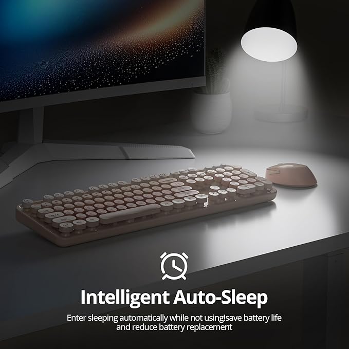 Wireless Keyboard and Mouse Set, Retro Typewriter Keyboard, 2.4GHz Full Size 104-Key Cute Keyboard with Number Pad, Colorful Keyboard with Round Keycaps for Windows PC Laptop(Brown)