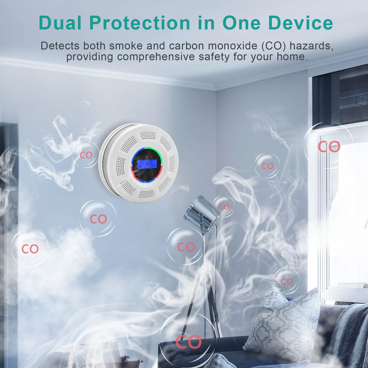 GiiHoo Wireless Interconnected Smoke Carbon Monoxide Detector Battery Powered, Interlinked Combination Smoke and Carbon Monoxide Detector Alarm with Digital Display, Silence Button (White-6)