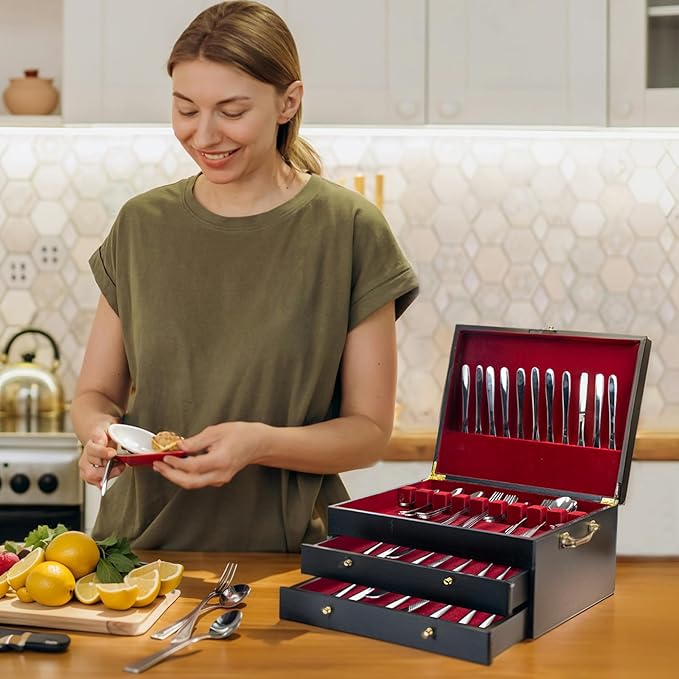 Silverware Storage Box,3 Layers Wooden Silverware Chest Case with Drawer,15.35" x 11.41" Flatware and Utensil Organizer for Kitchen(Flatware Not Included) (Black)