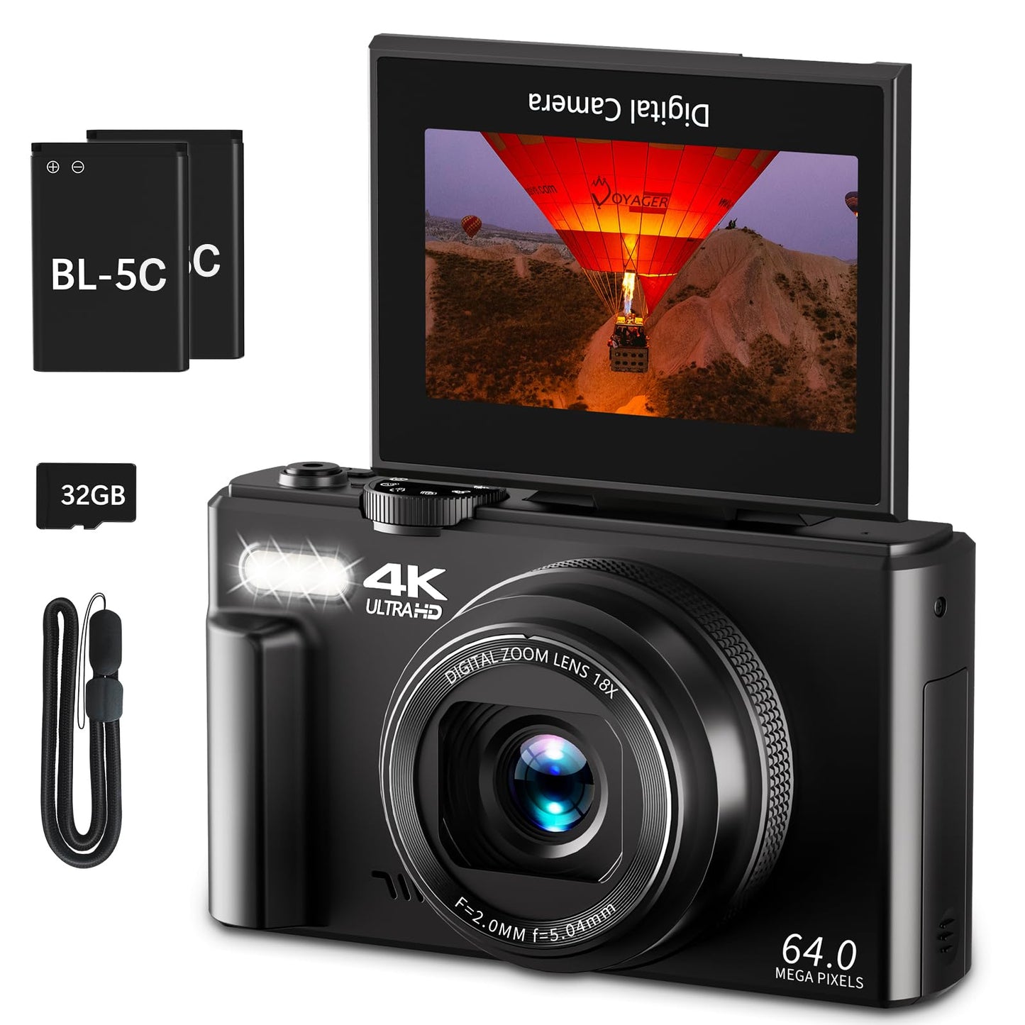 4K Digital Camera for Photography 64MP Vlogging Camera for YouTube with 3 180 Flip Screen 18X Digital Zoom Point and Shoot Camara with 32GB Micro SD Card for Beginner (Black)-New