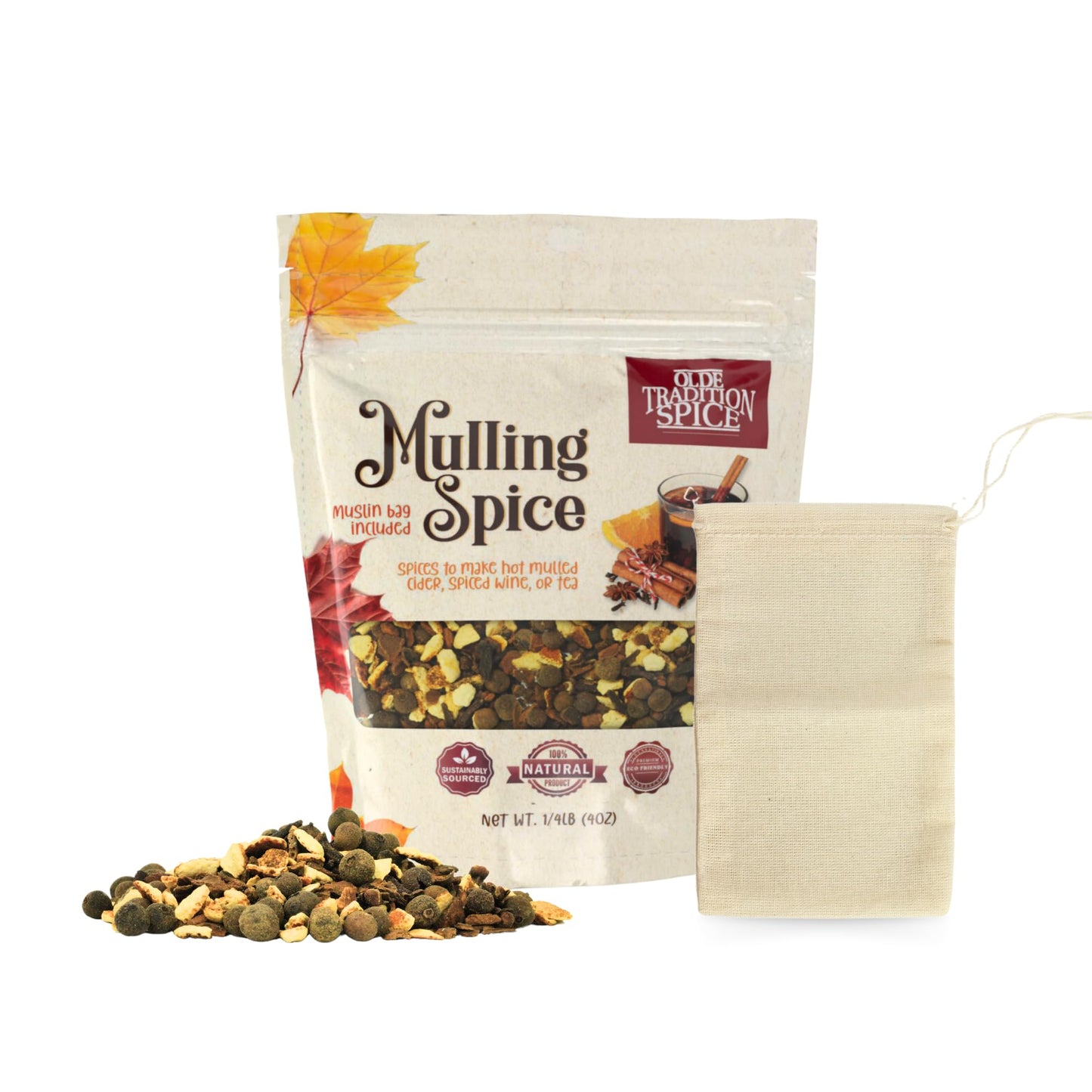 Olde Tradition Mulling Spices for Apple Cider Mulled Wine Spices Kit 4oz Traditional Mulled Spice Mix with Muslin Bag for Steeping Stovetop Simmer Pot Hot Toddy Tea Christmas Glhwein Holiday Drink