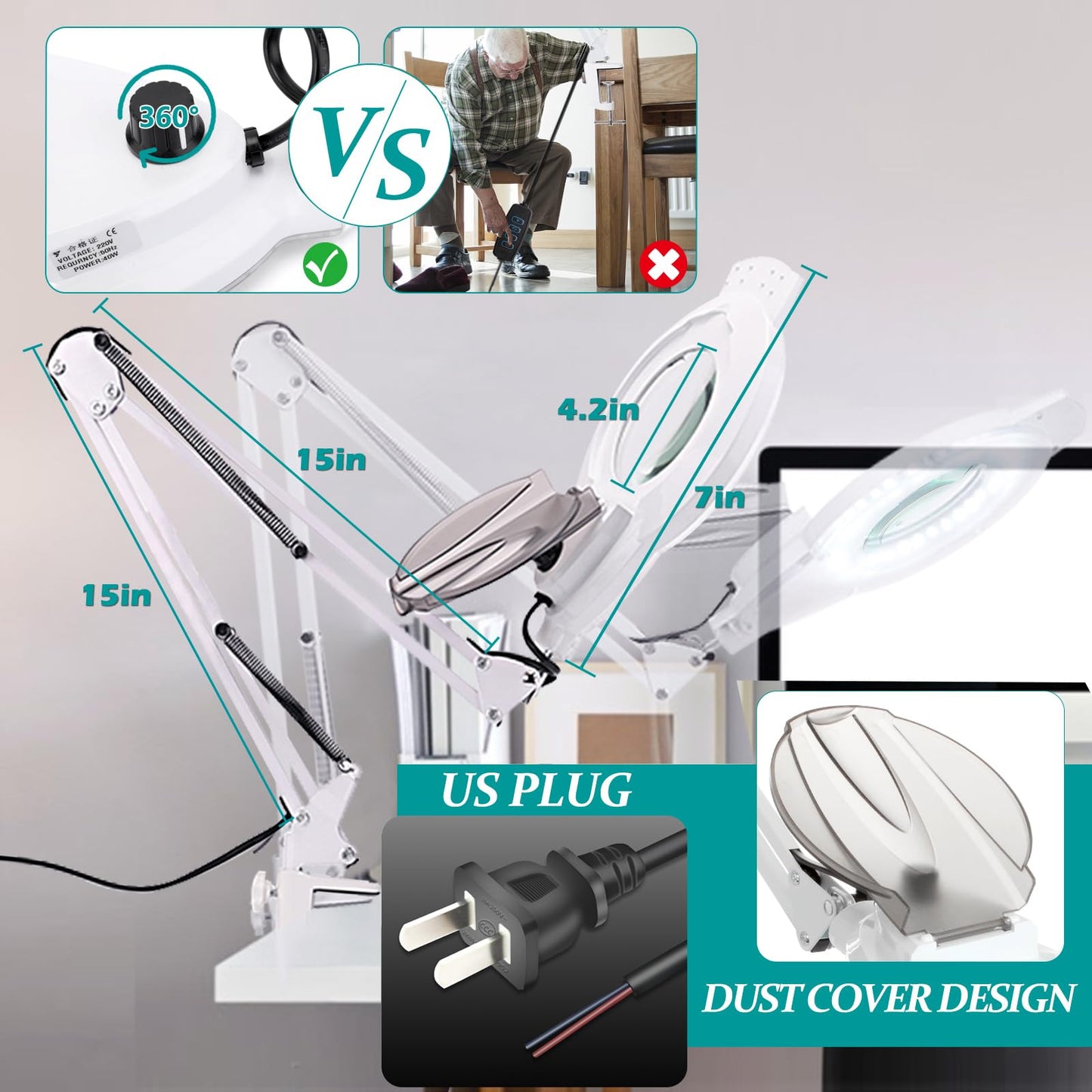 NUEYiO 10X Magnifying Glass with Light, 2200 Lumens, Stepless Dimmable, Adjustable Metal Swing Arm, White, Model NU-JDK-B