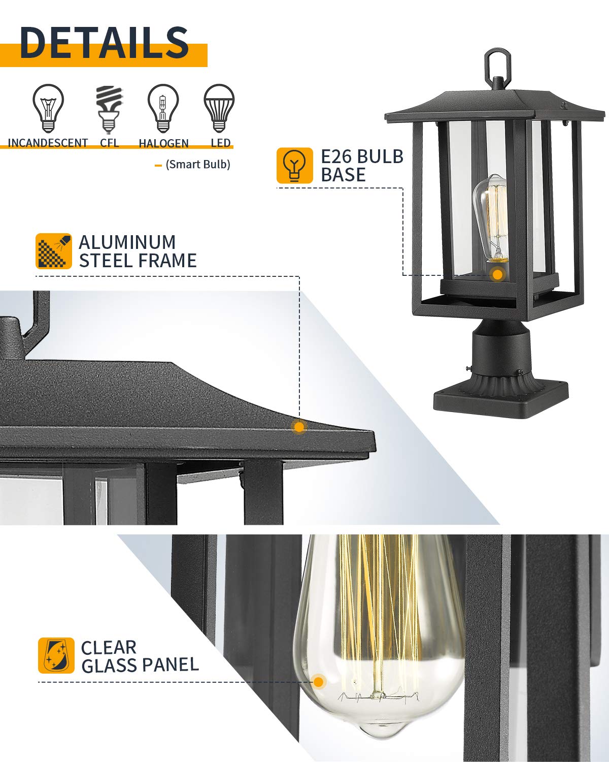 Beionxii Outdoor Post Light - Large Black Aluminum Lantern With Clear Glass (19 X 9), Model A197P-1Pk