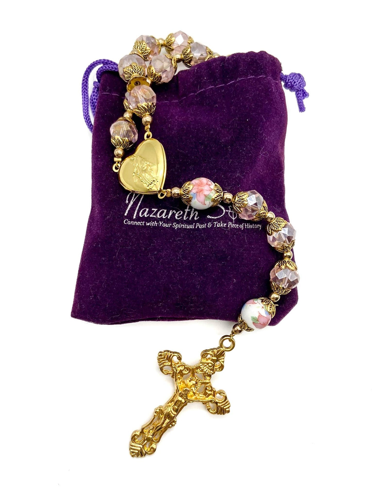 Nazareth Store Catholic Pink Crystal Beads Gold Rosary Flowers Beaded Necklace Holy Mary Heart Locket Medal & Cross Religious Am