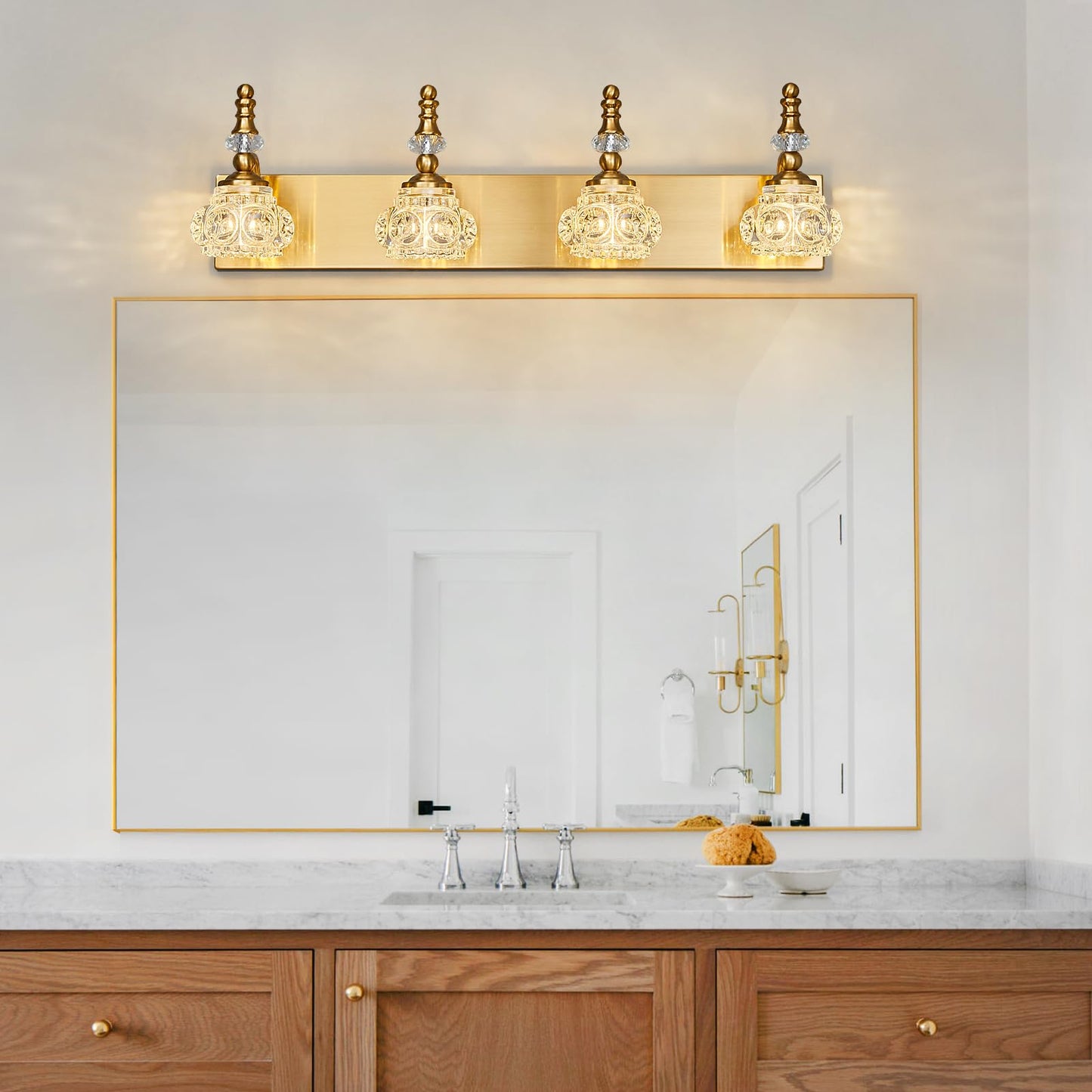 Lbsqj Modern Glass Crystal Vanity Light - Vintage Bathroom Lighting Fixtures Over Mirror 4 Light Vanity Lights G9 Bulb (27.55 Inch Gold)