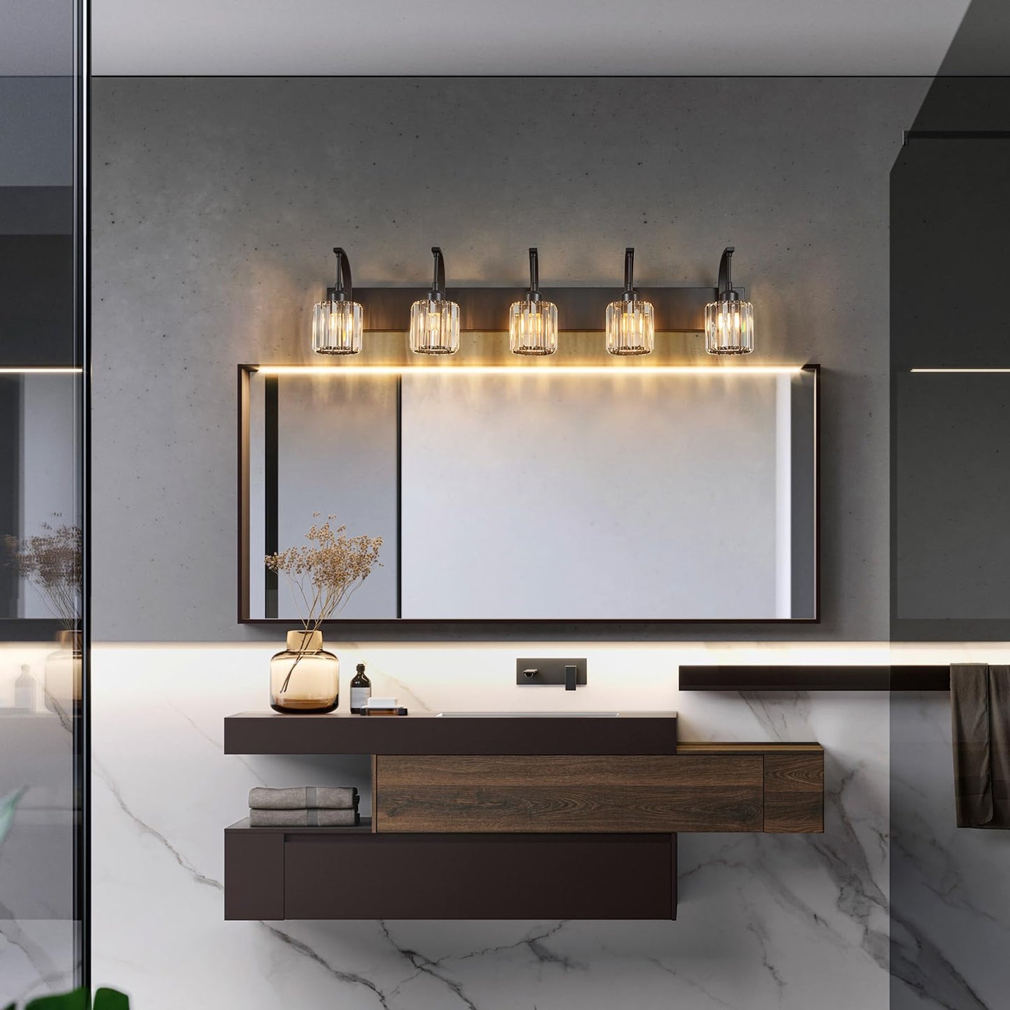 Fdpby 5-Light Crystal Vanity Light Modern Black Bathroom Wall Sconce With K9 Crystal Shades 42.51 Long Over Mirror Lighting For Vanity Makeup Hallway Elegant & Easy Installation