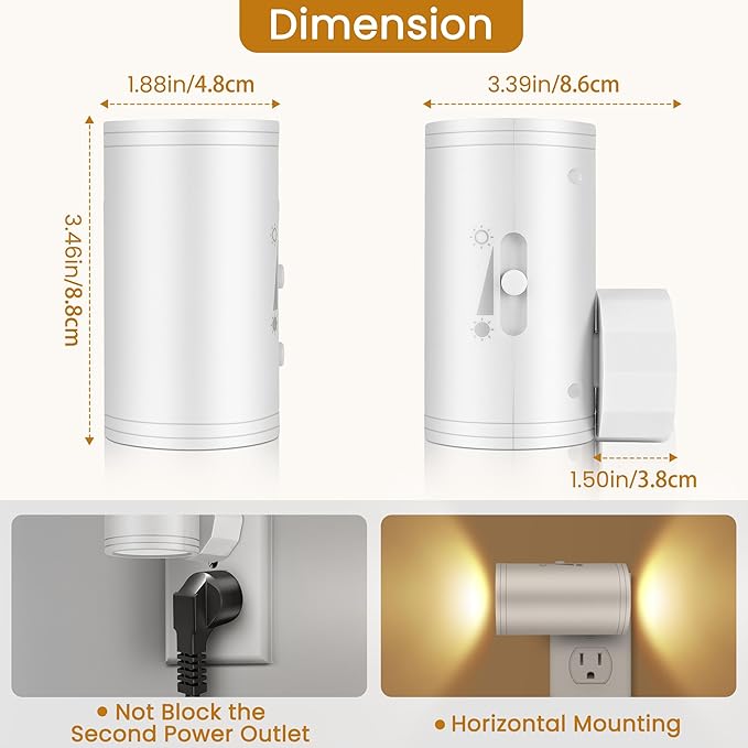 LED Plug-in Wall Night Light with Dimmable 0-300 Lumens, 3000K Soft White, Auto On/Off Light Sensor & Adjustable Head for Hallway, Stairs, Bedroom,2 Pack