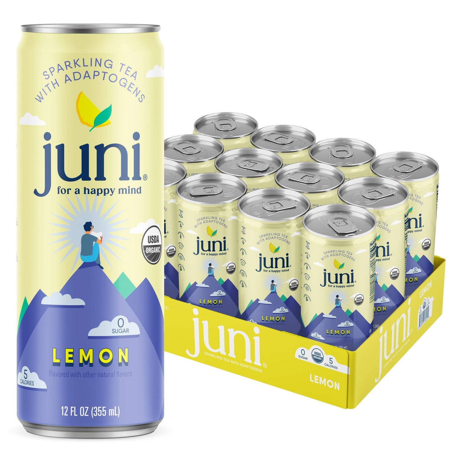 Juni Sparkling Tea with Adaptogens Lemon Tea Zero Sugar 5 Calories Organic Iced Tea Natural Caffeine from Green Tea Vegan Adaptogen Drink 12 Fl Oz Cans (12-Pack)