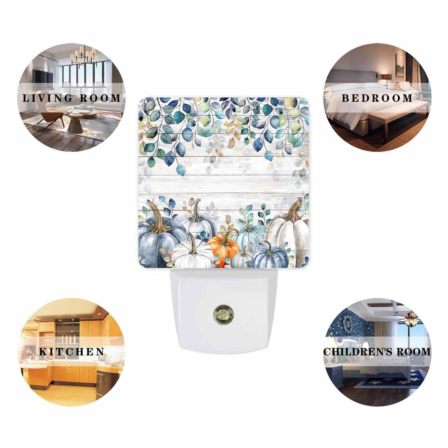 Fall Night Lights Auto Sensor Blue Pumpkin Plug-In Led Nightlights Dusk To Dawn For Living Room Bedroom Bathroom Kitchen Hallway Stairways Holiday Thanksgiving Decor Teal Blue Eucalyptus Leaves