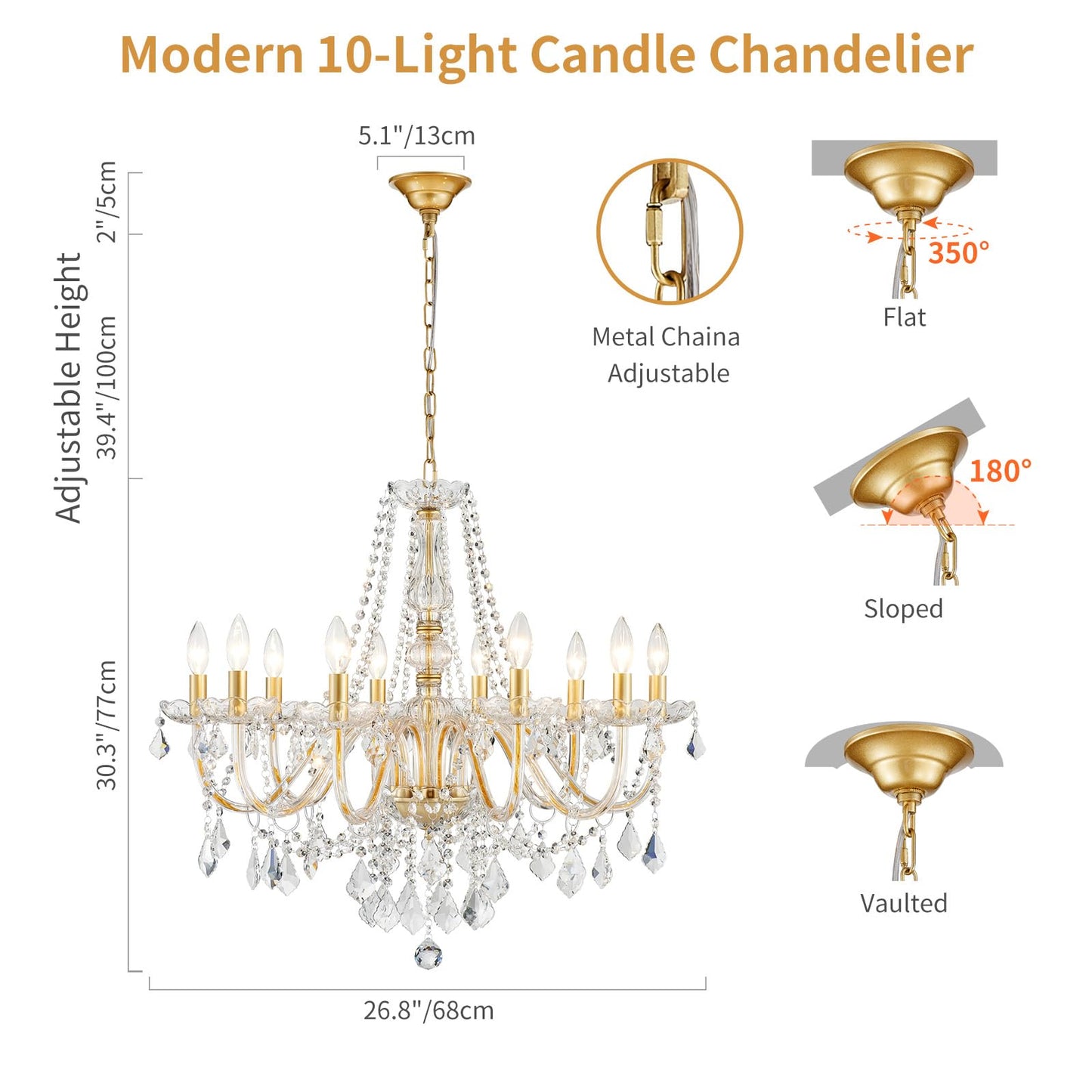 ANJIADENGSHI Large Crystal Chandelier, 10-Lights, Gold, 30.3in High x 26.8in Wide, Modern Design for Dining Room, Living Room,