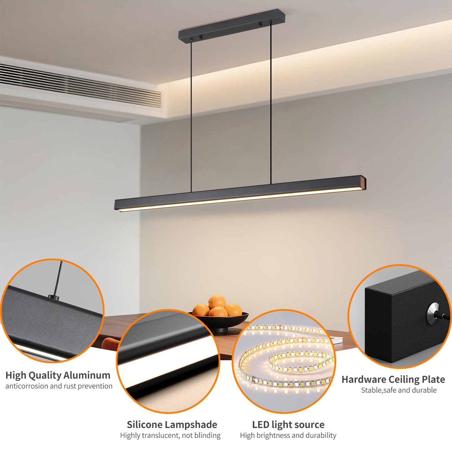 Mikeru Modern LED Linear Pendant Light, 39IN, Aluminum, Adjustable Color Temp 3000K-6500K, A-Black, Model 1