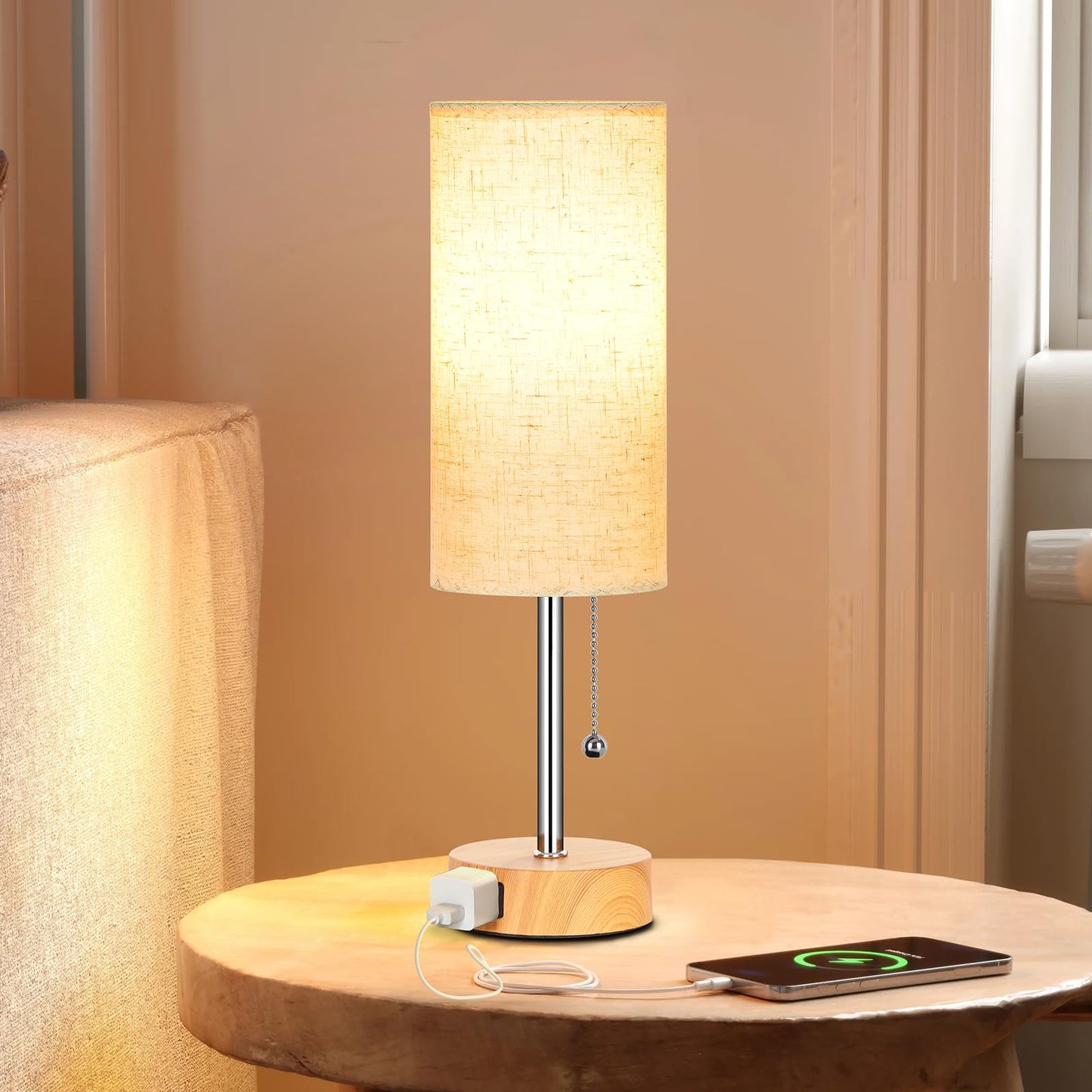 Dott Arts Table Lamp For Bedroom 3-Color Bedside Lamps With Pull Chain Bedroom Table Lamps For Nightstand Ac Outlet Small Lamp For Living Room Bulb Included Oatmeal
