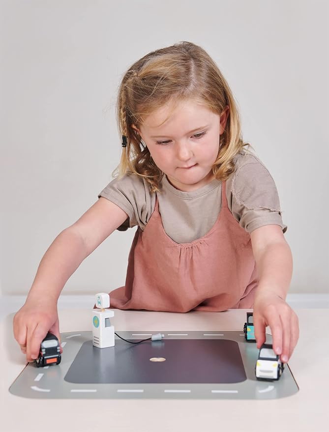 Tender Leaf Toys - Smart Car Set - 3 Pretend Electric Wooden Smart Cars with Charging Unit - Open-Ended Play Toy, Explore Role-Play and Imagination, for Boys and Girls Age 18m+