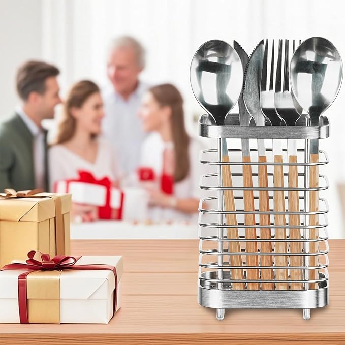 Utensil Holder, Stainless Steel Utensil Drying Rack for Kitchen Counter, Silverware Cutlery Flatware Holder Forks, Knives, Spoons, Chopsticks Organizer (Silver)