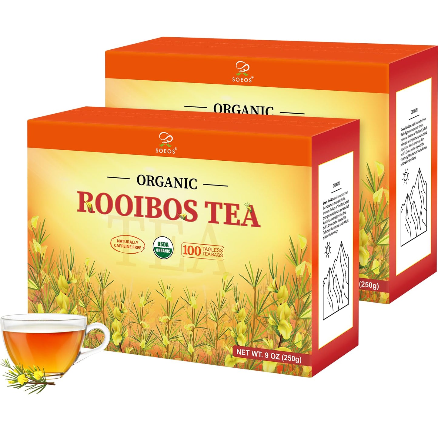 Soeos Organic Rooibos Tea 200 Teabags (2 Packs) Naturally Caffeine Free USDA and Non GMO Certify Smooth and Robust Flavor Excellent for Hot or Iced Brew 18oz (500g)
