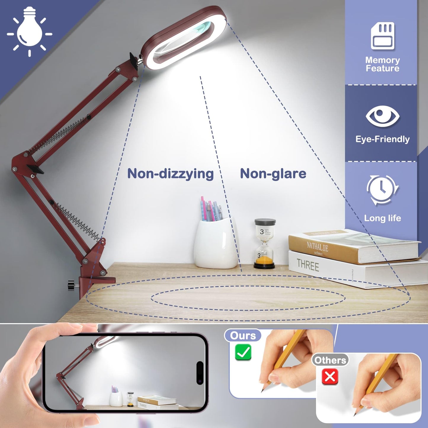 Drdefi 10X Magnifying Glass with LED Light, Glass Material, Hands-Free Clamp, Model 602, Red