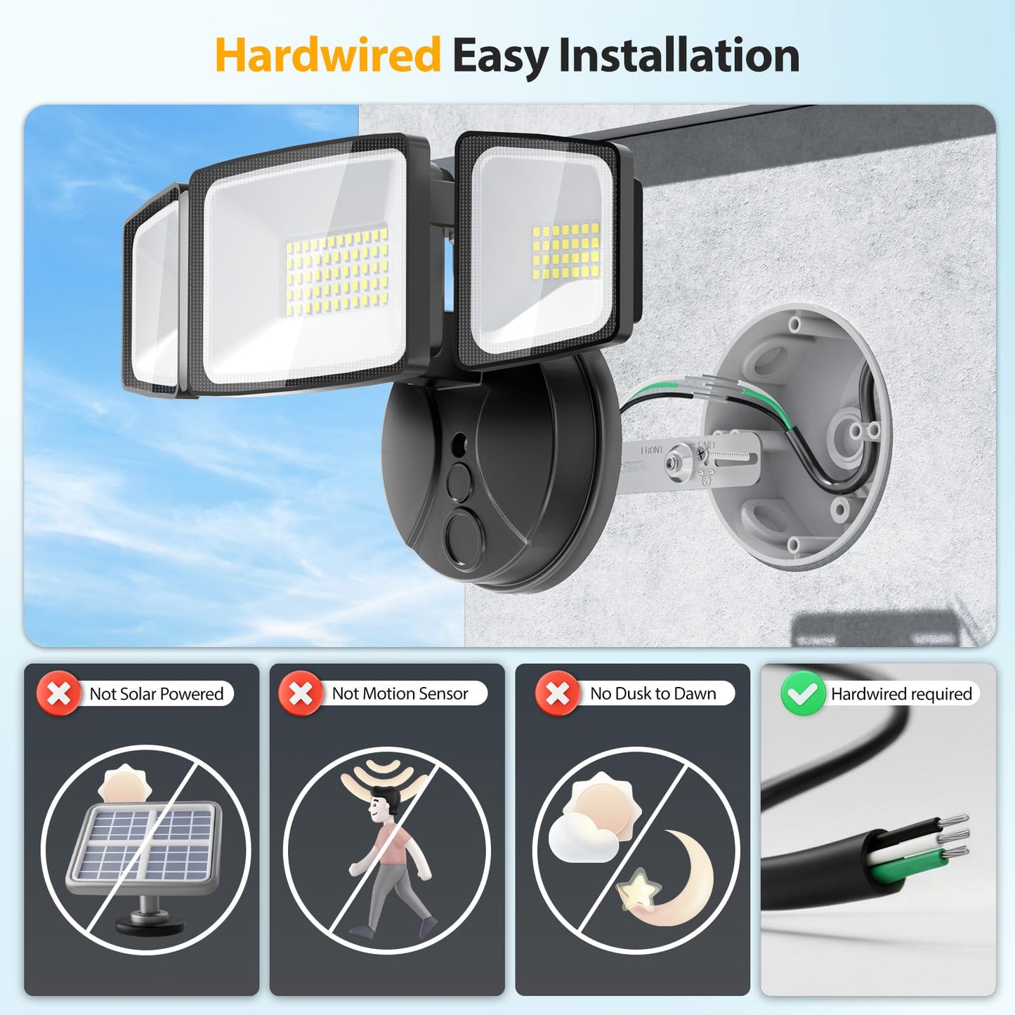 Onforu 60W LED Flood Light, 6000LM Brightness, 3 Adjustable Heads, IP65 Waterproof, Black, Model BDB60-3