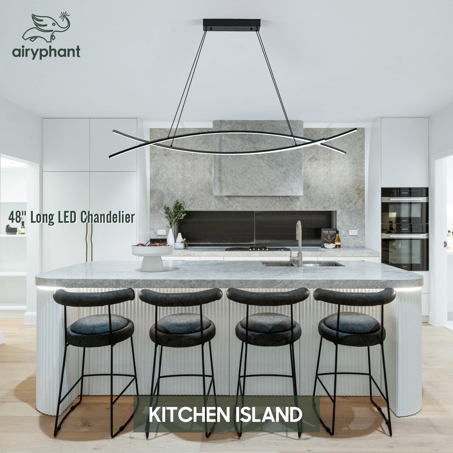 AIRYPHANT 48in LED Chandelier 4-Light Dimmable Island Light Black Aluminum P2018