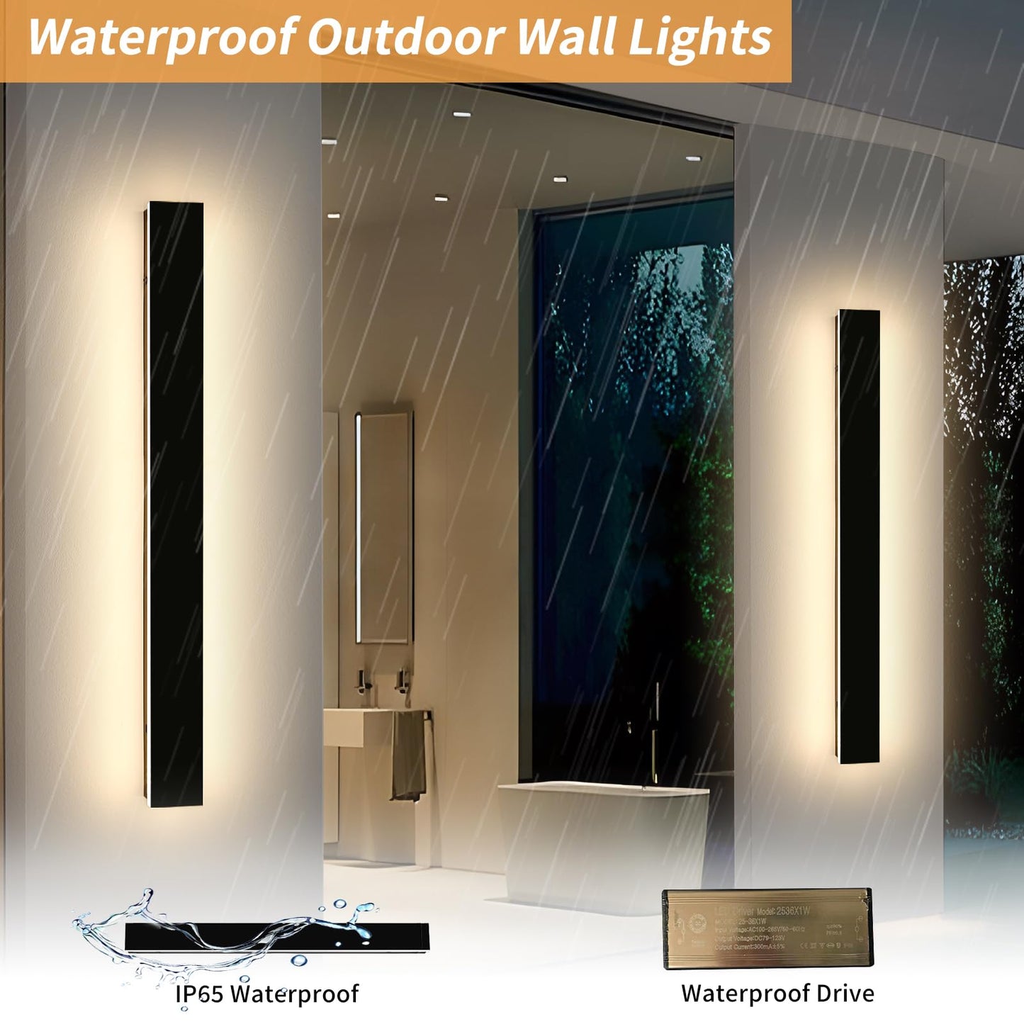Mikeru 3CCT Dimmable Outdoor Wall Sconce, 47.2in IP65 Waterproof, Modern Black, Remote Control, Model FTBD-ZB2P, 2-Pack