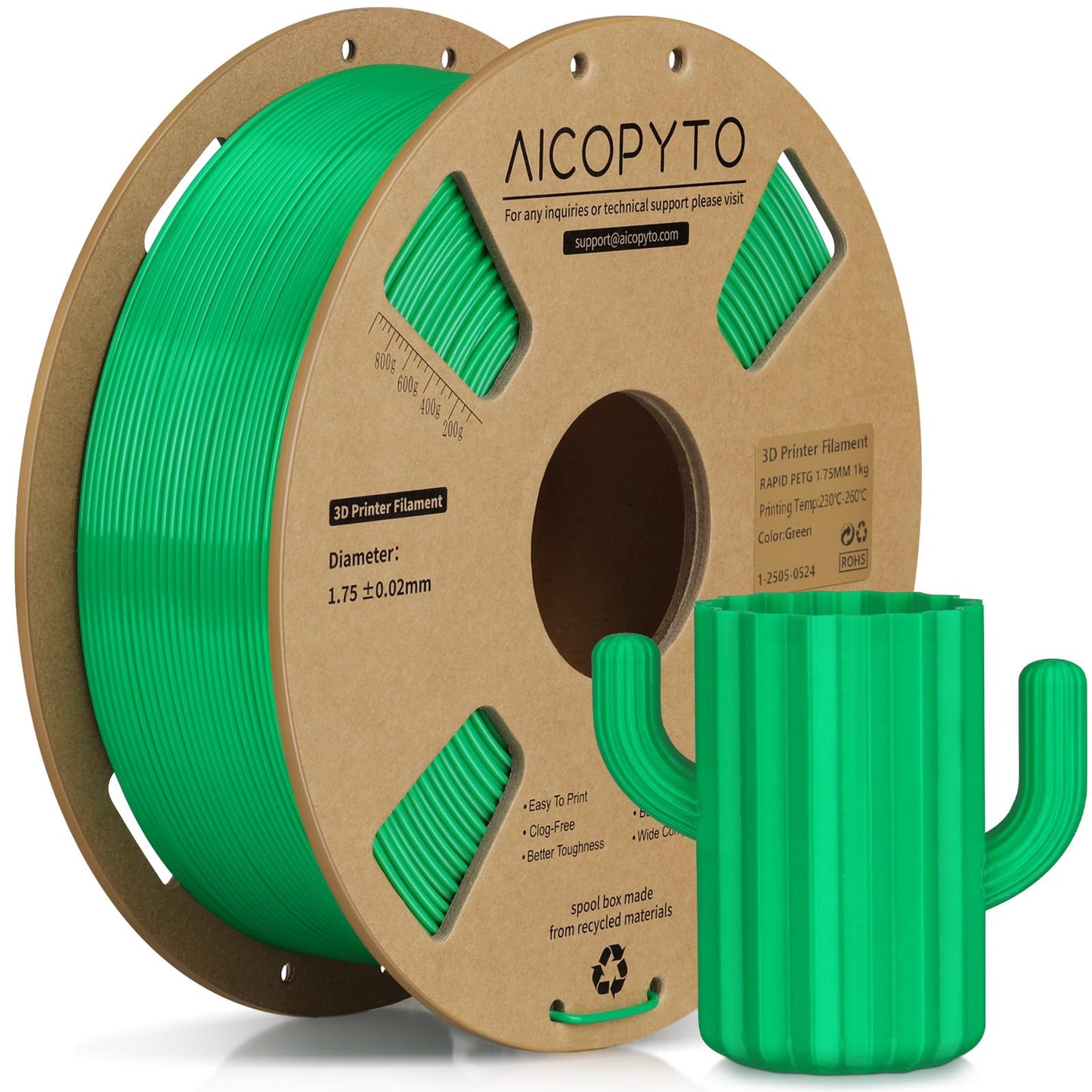 AICOPYTO PETG Filament 1KG Green, High Speed 30-600mm/s 3D Printer Filament Rapid PETG 1.75mm Dimensional Accuracy +/- 0.02mm, 1