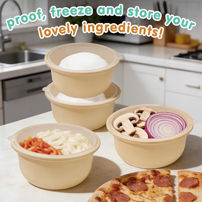 4Pcs Stackable Silicone Pizza Dough Proofing Containers with Lids,Pizza Dough Proofing Box | Make 12" Pizzas 700ml(4Pcs Beige)