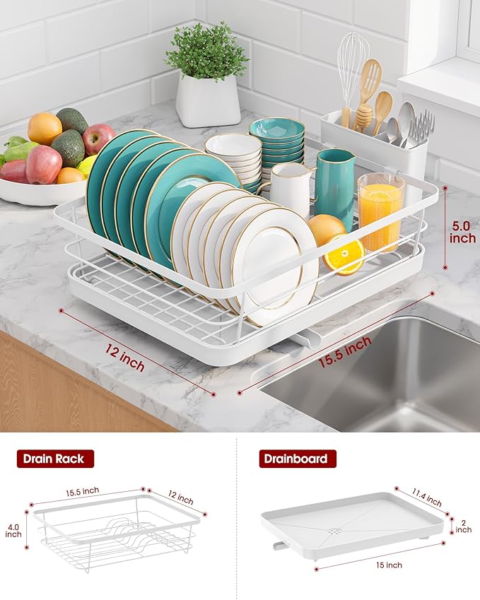 Stainless Steel Dish Drying Rack for Kitchen Counter, Sink Organization and Storage Essentials with Silverware & Utensil Holder, Home and Apartment Decor, 12''W x 15.5''L, White