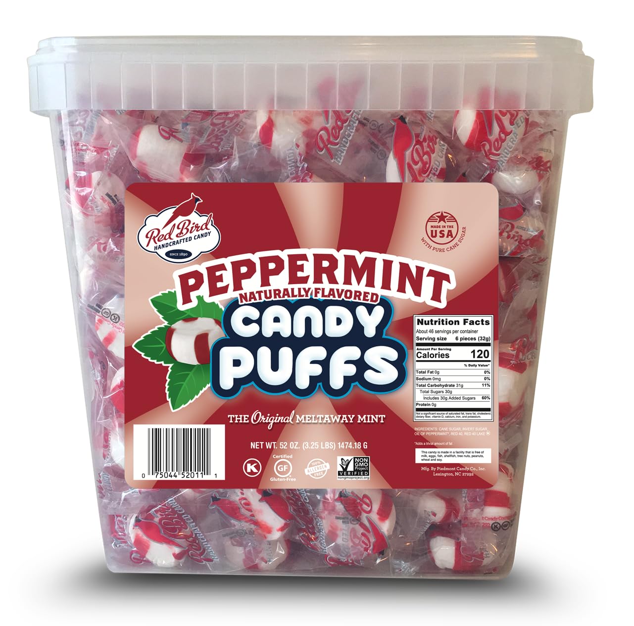 Red Bird Soft Peppermint Puffs 52 oz Tub, Individually Wrapped Mints, Gluten Free, Kosher, Free from Top Allergens, 100% Pure Ca