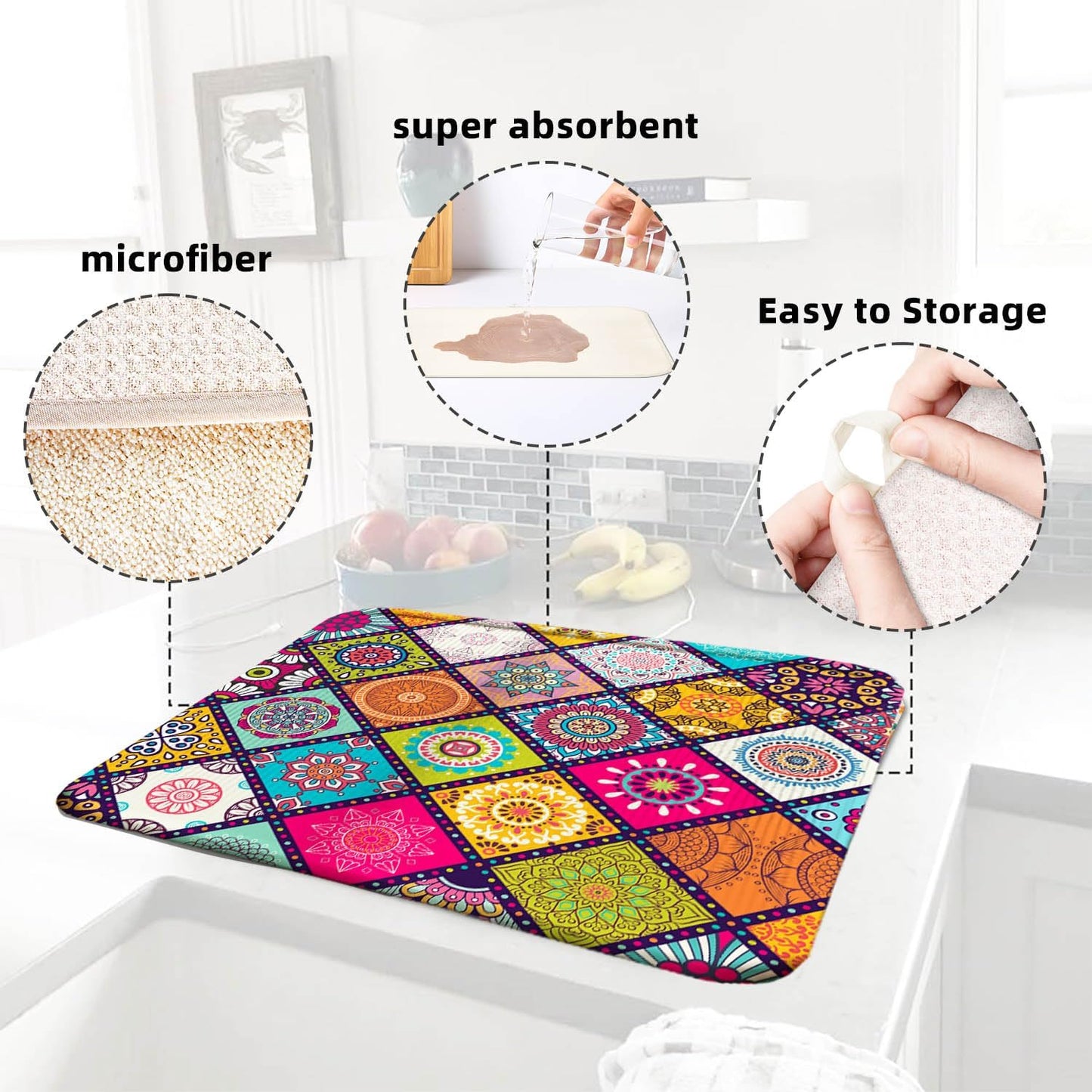 Plaid Floral Large Dish Drying Mats, Reversible Boho Dish Drying Pads for Kitchen Counter Foldable and Stored in a Drawer,18"x24" Extra Large Draining Mat Protect for Kitchen,Bar Counter,Coffee Make