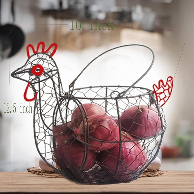 TAIANLE. Chicken Wire Egg Basket for Gathering Fresh Eggs Collecting Basket with Handle, Vintage Rooster Chicken Shaped Fruit Bowl for Home Farm Decor Organizer for Kitchen Countertop