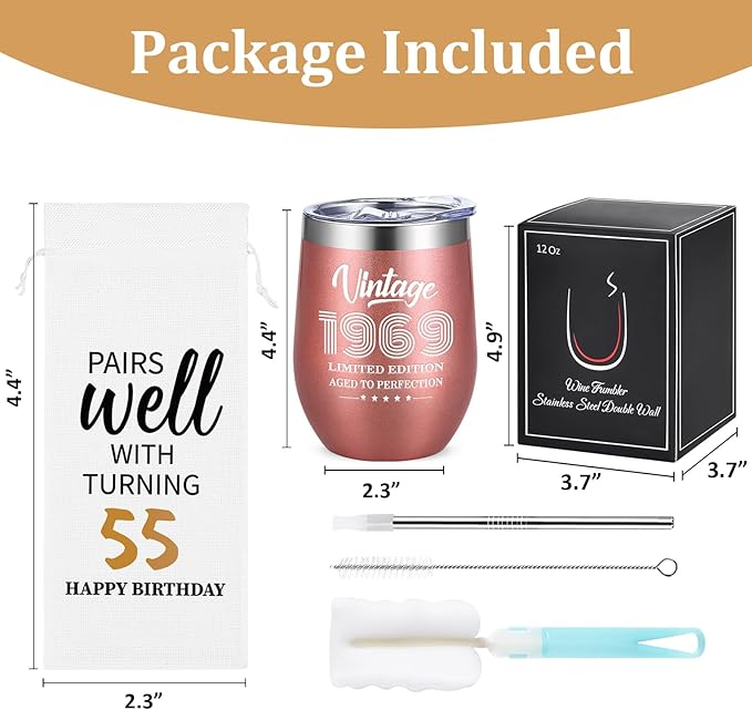 Lifecapido 55th Birthday Gifts for Women, Vintage 1969 Limited Edition Insulated Wine Tumbler with Wine Bag, 55 Year Old 55th Birthday Presents Christmas Gifts for Friends Mom Aunt Wine Lover, 12 oz