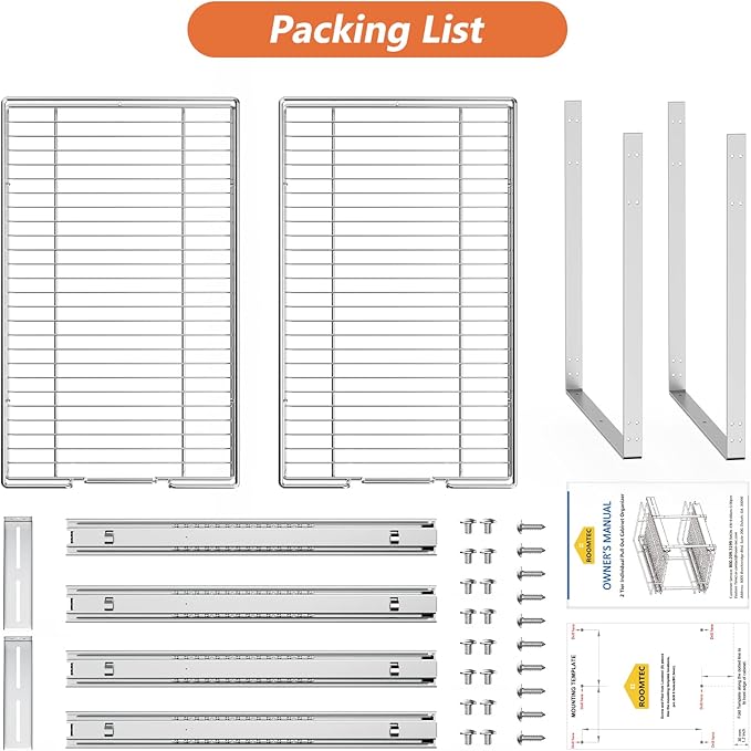 ROOMTEC Individual Pull Out Cabinet Organizer (11" W x 18" D), 2 Tier Spice Rack Organizer for Cabinet, Slide Out Drawer Pantry Shelf Organization and Storage for Kitchen Bathroom