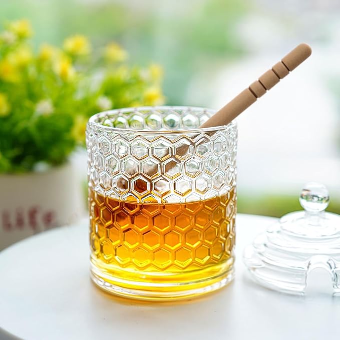 kanpura Clear Crystal Honey Pot with Dipper and Lid Glass Honey Jar with Dispenser Honey Holder and Syrup Container for Christmas Home Kitchen Decor,9 oz