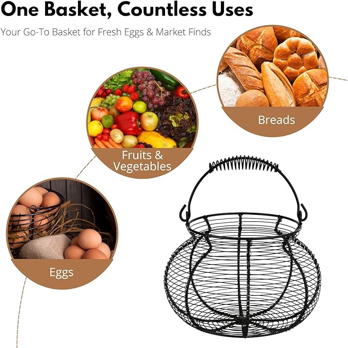 Flexzion Round Wire Basket - Chicken Egg Holder & Fruit/Vegetable Basket, Black, Rustic Farmhouse Style with Handle