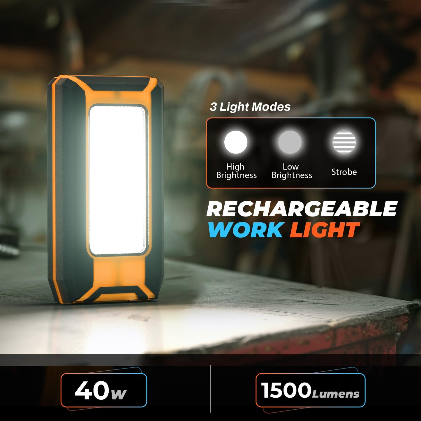 innofox 2-Pack LED Rechargeable Magnetic Work Light 1500 Lumens, Hanging Hook with 3 Modes, LED Work Light for Car Repair, Camping, and Hurricane Use