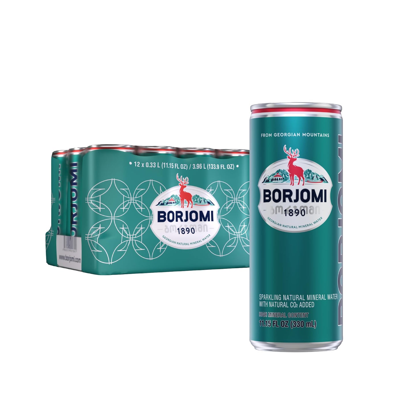 BORJOMI Sparkling Mineral Water from Georgian Volcanic Springs Canned Naturally Carbonated Plain Unflavored 11.15 fl oz Cans 12 Pack