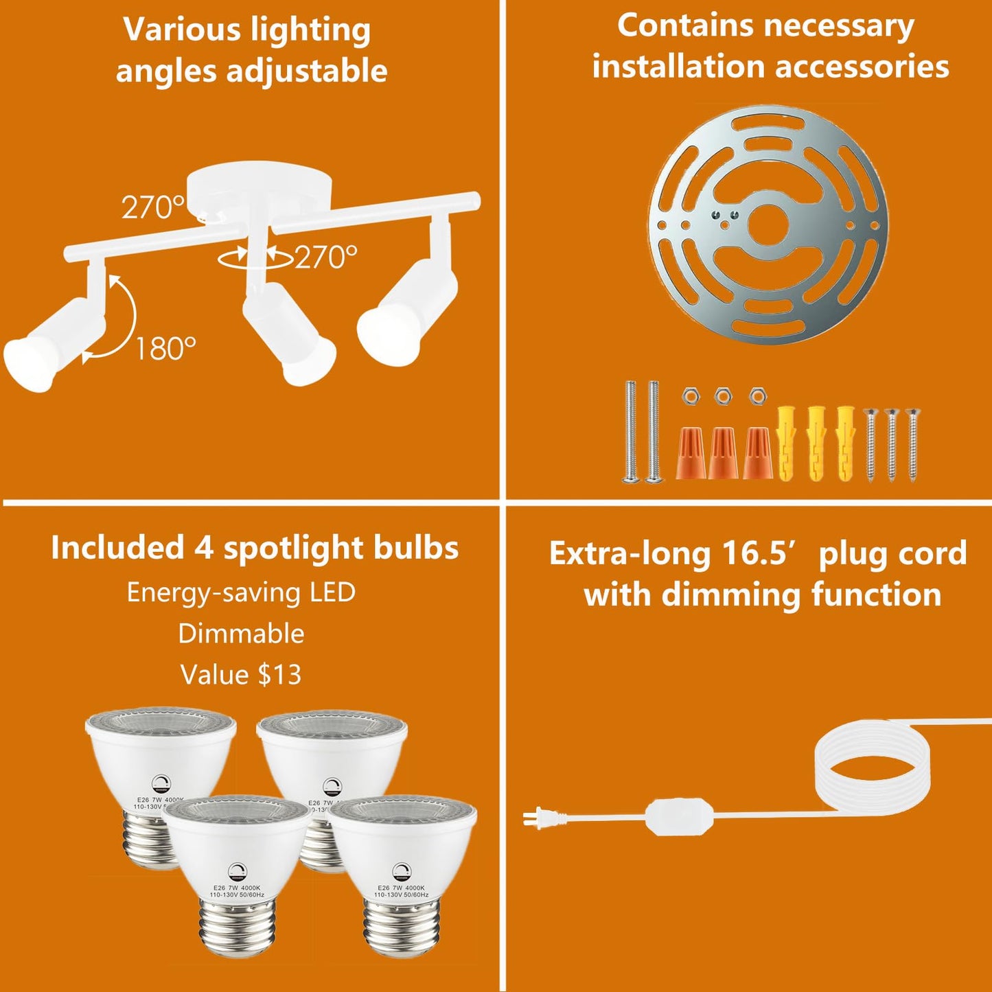 Vivihobb Dimmable Plug In Track Light White 4 Light Plug In Ceiling Lighting Fixture With 16.4 Long Cord 4 Way Ceiling Spotlight Rotatable Wall Mount Light Head Led Dimmable Spot Bulbs Included