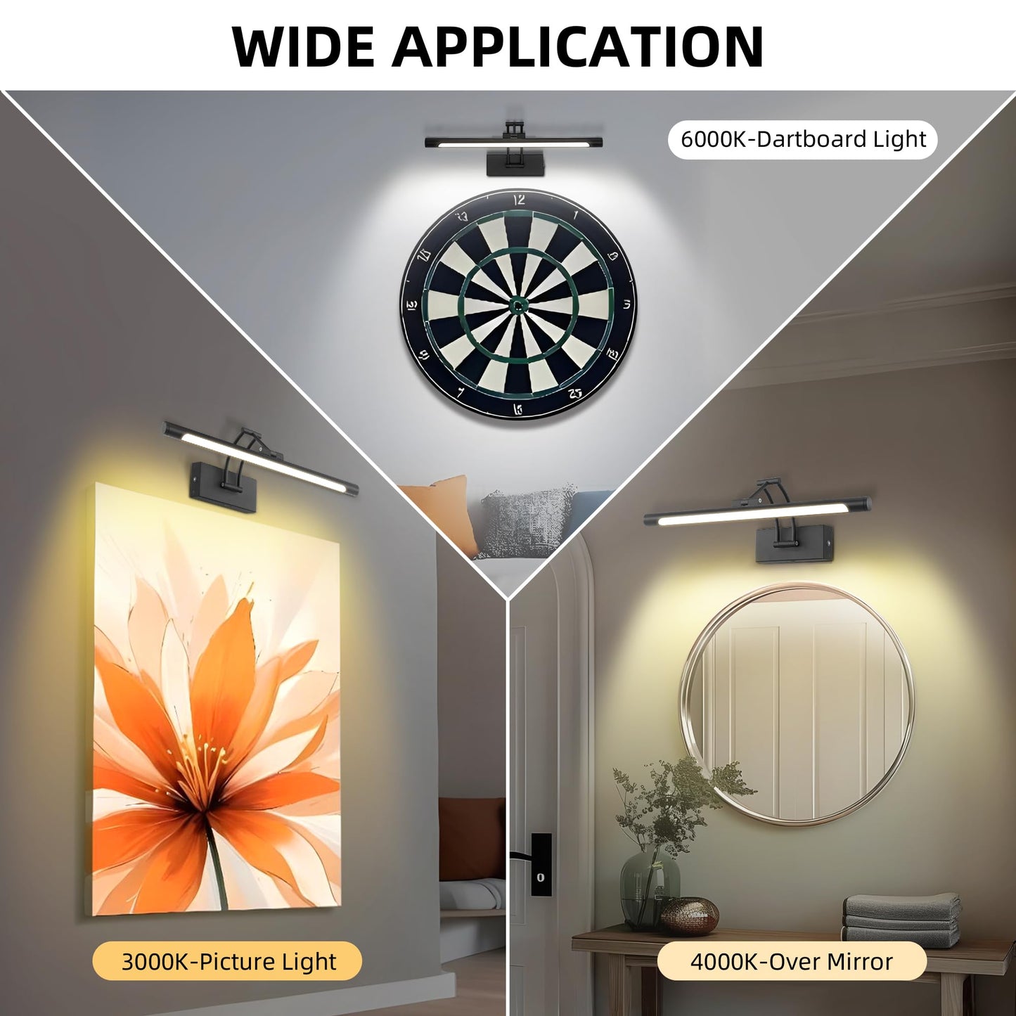 16 Picture Lights For Wall Battery Operated Wireless Picture Light With Remote Rechargeable Wall Light 3000K/4000K/6000K Dimmable Art Lighting For discomfort-reducingtings Frame Gallery Dartboard Light Black