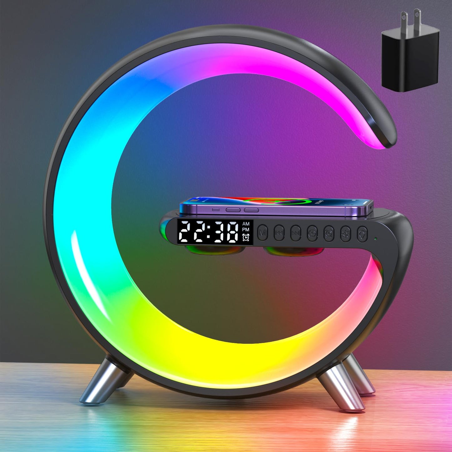 Smart LED Night Light, Wireless Charger, Phone Wireless Charging Dock, Table Bedside Lamp, Sunrise Alarm Clock, Bluetooth Speake