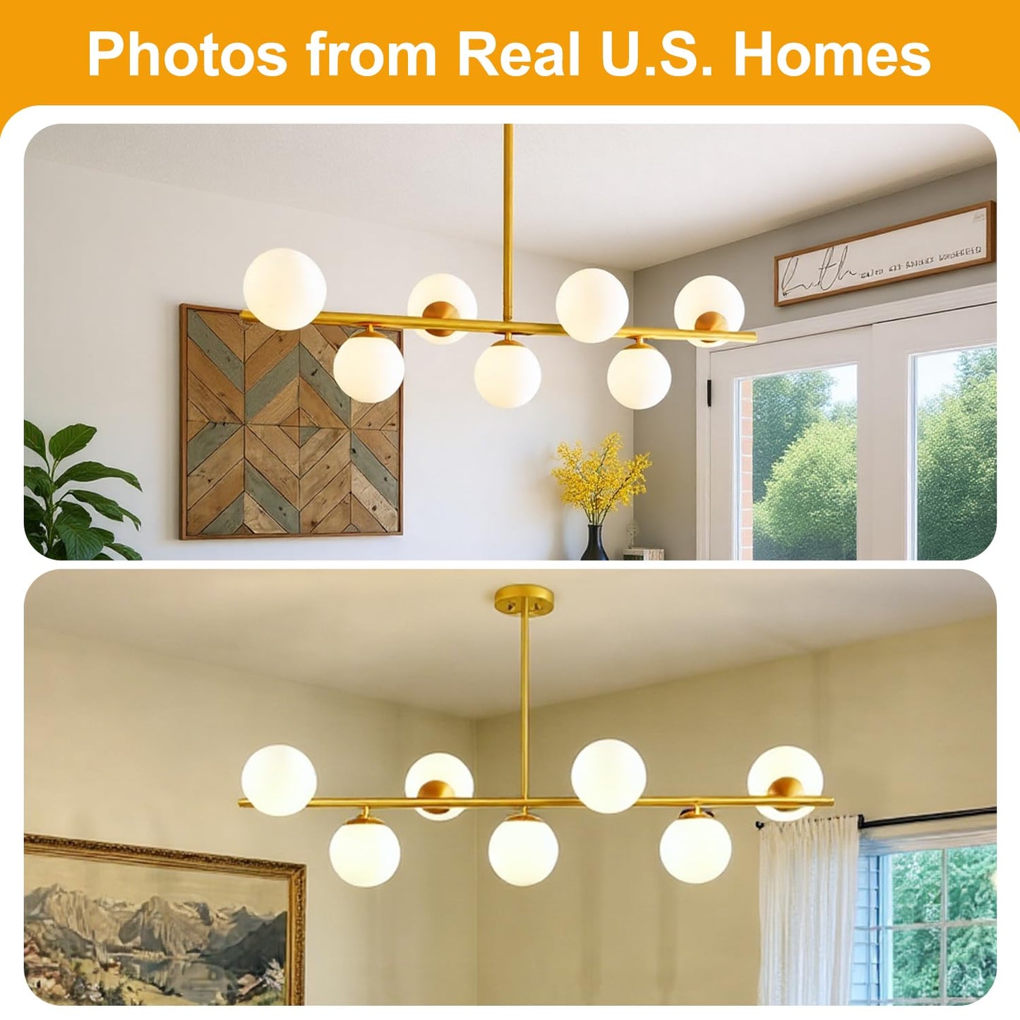 MQMQA 7-Light Modern Linear Chandelier, 43.3in Gold Pendant Light Fixture, Mid Century Design, Metal, Large Size