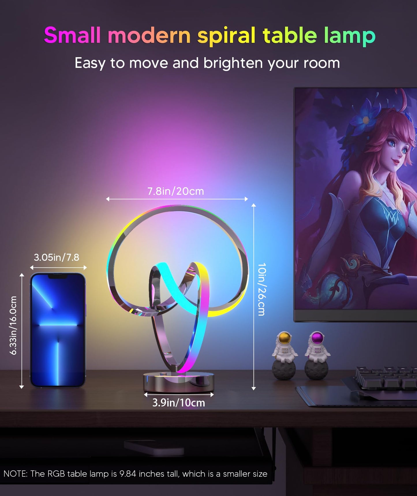 PutWish Modern Spiral LED Table Lamp, Dimmable, 16 Color Modes, Touch & Remote Control, Silver, Model MH-S