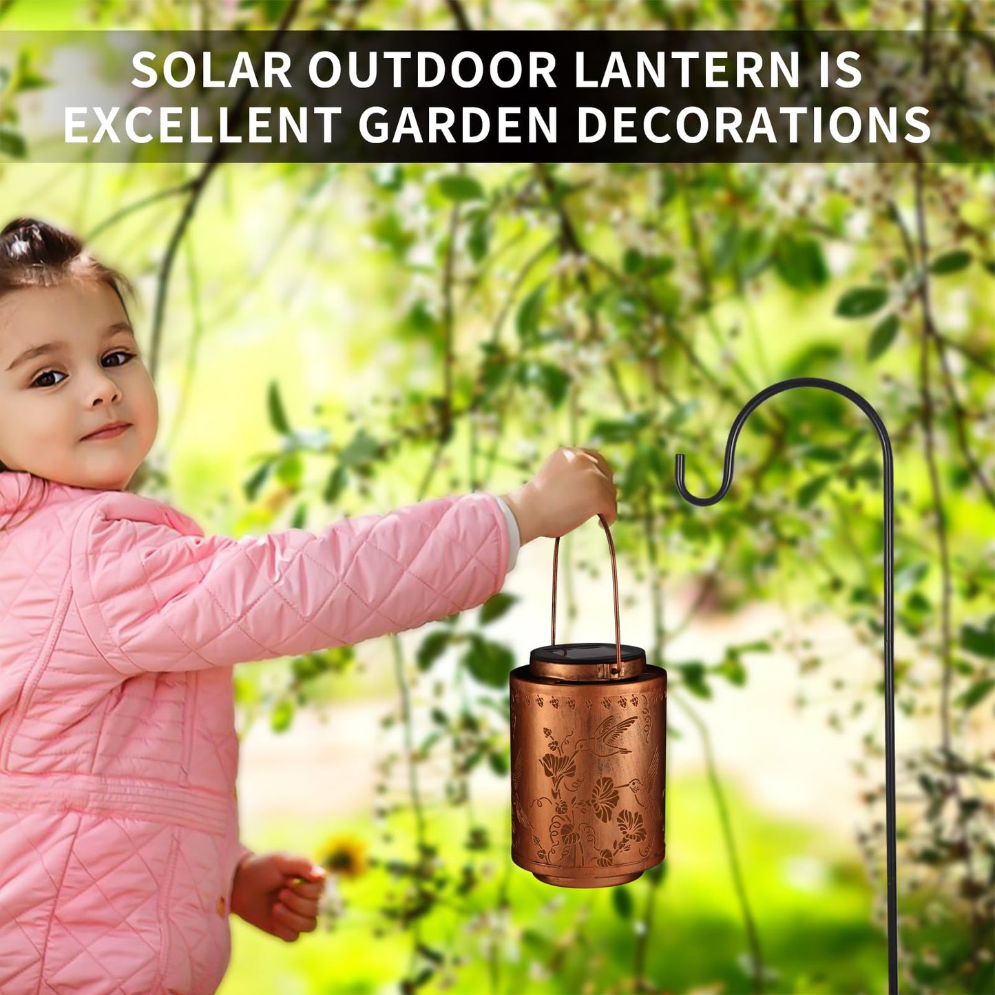 Tepaken 2 Pack Solar Lanterns Outdoor Metal Hanging Lights for Garden Decor, Waterproof, Gold, Model T-DL205-2P